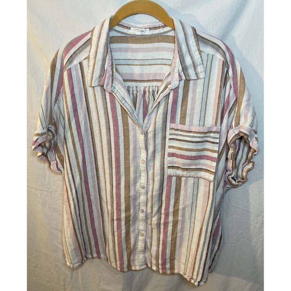 Maurices Womens 2X Linen Stripe Button Up Blouse Tan Pink Gray Short Sleeve